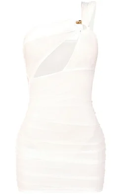 White Print Lined Mesh Ring Detail Bodycon Dress