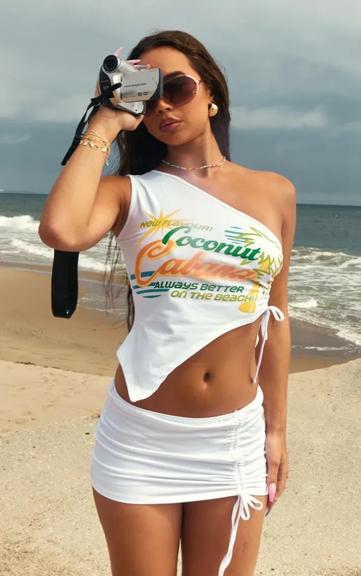 White Print Ruched Asymmetric Micro Mini Skirt