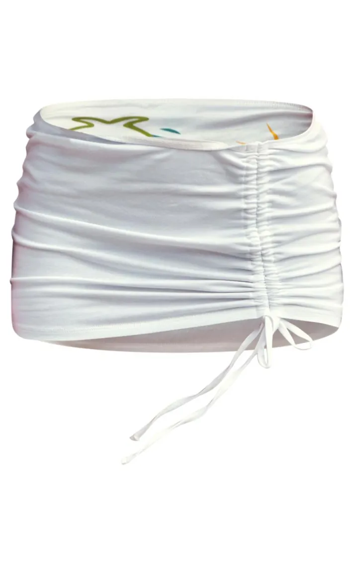 White Print Ruched Asymmetric Micro Mini Skirt