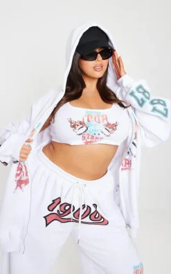 White Printed Zip Through Hoodie