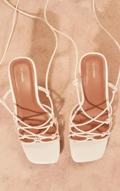 White Pu Crinkle Lace Up Low Heeled Sandals