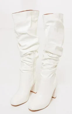 White Pu Croc Round Toe Ruched Knee High Block Heeled Boots