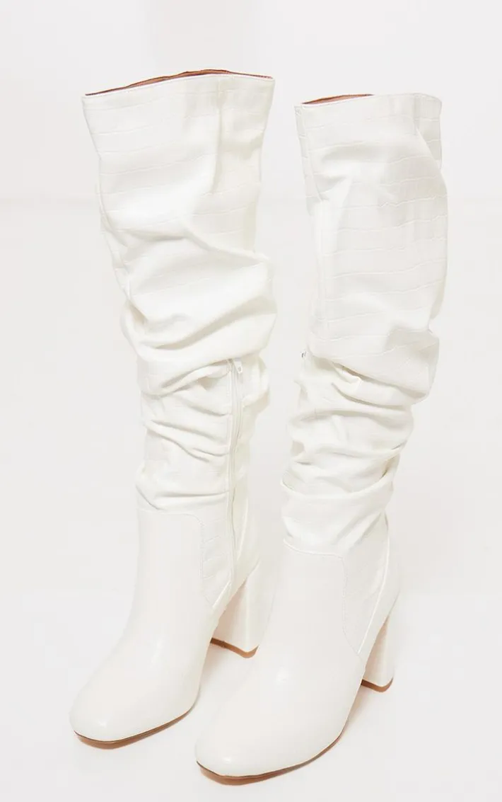 White Pu Croc Round Toe Ruched Knee High Block Heeled Boots