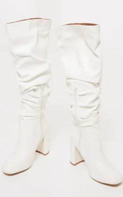 White Pu Croc Round Toe Ruched Knee High Block Heeled Boots