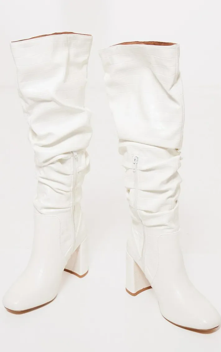 White Pu Croc Round Toe Ruched Knee High Block Heeled Boots