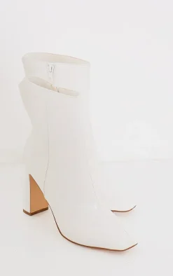 White Pu Croc Square Toe Zip Block High Heeled Ankle Boots