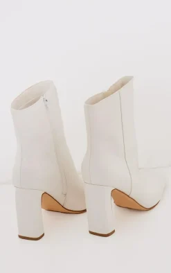 White Pu Croc Square Toe Zip Block High Heeled Ankle Boots