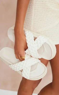 White PU Cross Over Plaited Flatform Sandals