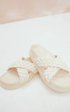 White PU Cross Over Plaited Flatform Sandals