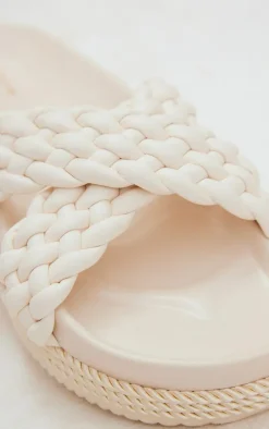 White PU Cross Over Plaited Flatform Sandals