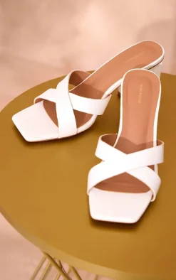 White Pu Cross Strap Block Heeled Mules