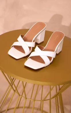 White Pu Cross Strap Block Heeled Mules