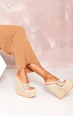 White PU Knotted Twists High Heeled Espadrille Wedges