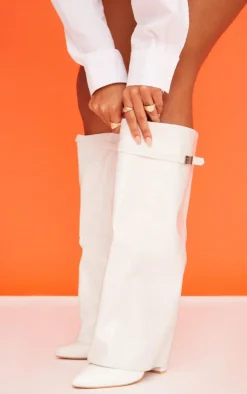 White PU Patent Croc Fold Over Block Heeled Knee High Boots