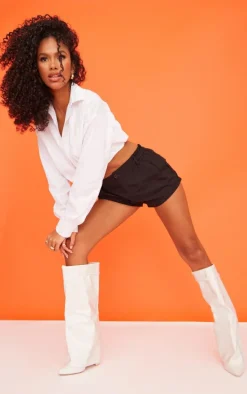 White PU Patent Croc Fold Over Block Heeled Knee High Boots