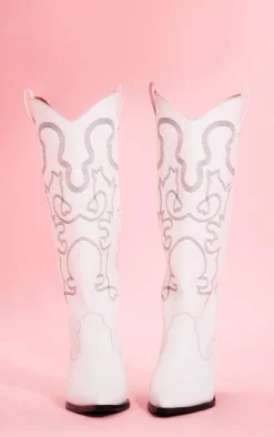 White Pu Point Toe Block Heel Knee High Western Boots
