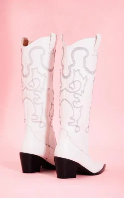 White Pu Point Toe Block Heel Knee High Western Boots