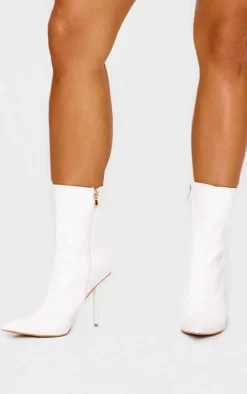 White Pu Point Toe Mid Heeled Ankle Boots