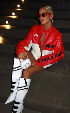 White PU Point Toe Motor Cross Contrast High Heeled Knee Boots