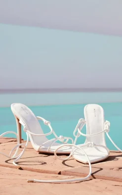 White PU Point Toe Strappy Lace Up Heeled Sandals