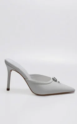 White PU Point Toe Vintage Look Heeled Mules