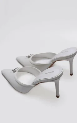 White PU Point Toe Vintage Look Heeled Mules