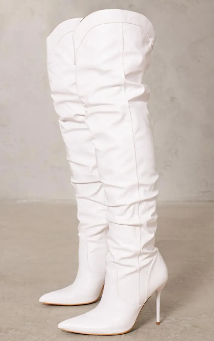 White Pu Point Toe Western Style High Heeled Over The Knee Boots-1