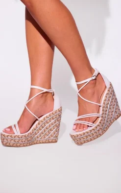 White PU Round Toe Asymmetric Strap Diamante Platform Heeled Wedges