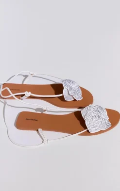White Pu Round Toe Diamante Flower Lace Up Flat Sandals