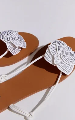 White Pu Round Toe Diamante Flower Lace Up Flat Sandals
