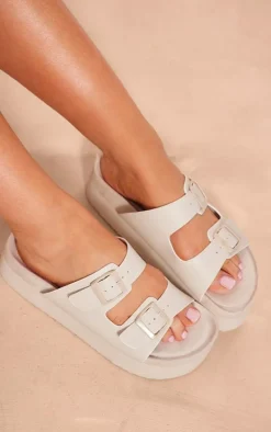 White PU Round Toe Double Buckle Strap Chunky Flat Sandals