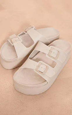 White PU Round Toe Double Buckle Strap Chunky Flat Sandals