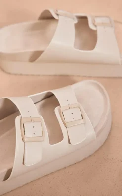 White PU Round Toe Double Buckle Strap Chunky Flat Sandals