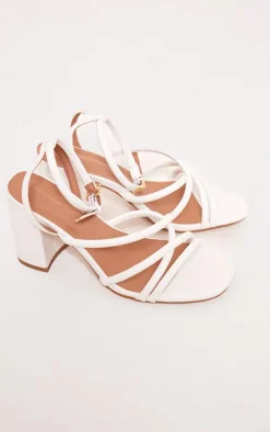 White PU Round Toe Multi Strap Block Heeled Sandals