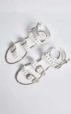 White PU Round Toe Studded Buckle Detail Gladiator Sandals