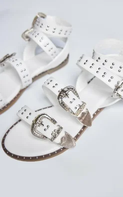 White PU Round Toe Studded Buckle Detail Gladiator Sandals