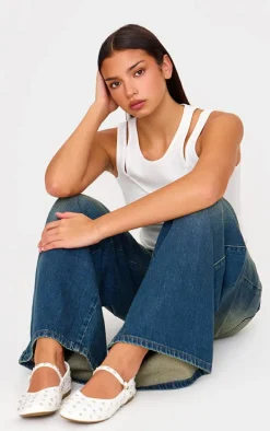 White PU Round Toe Studded Ballet Flats