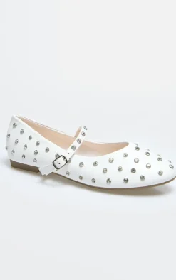 White PU Round Toe Studded Ballet Flats