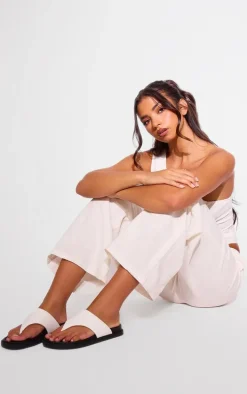 White PU Round Toe Thong Footbed Flat Sandals