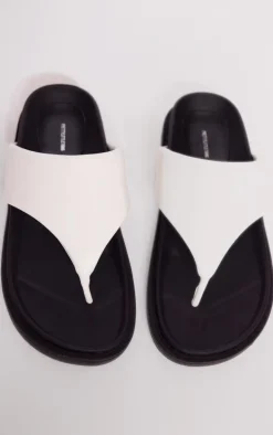 White PU Round Toe Thong Footbed Flat Sandals