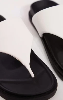 White PU Round Toe Thong Footbed Flat Sandals