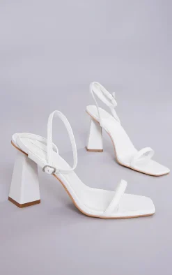 White PU Square Toe Barely There Square High Block Heeled Sandals