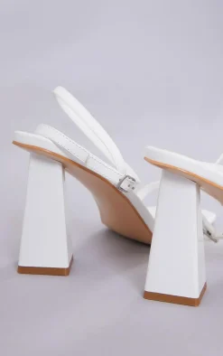 White PU Square Toe Barely There Square High Block Heeled Sandals
