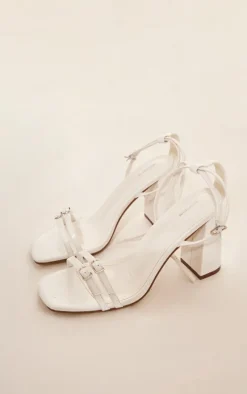 White PU Square Toe Buckle Detail Block Heeled Sandal