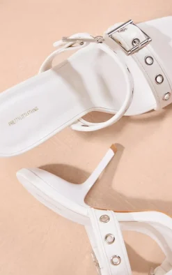 White Pu Square Toe Double Buckle Mid Heeled Mules