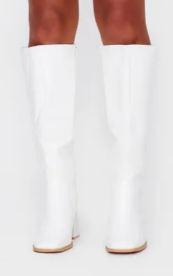 White PU Square Toe Flare Block Heel Knee High Boots