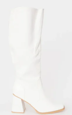 White PU Square Toe Flare Block Heel Knee High Boots