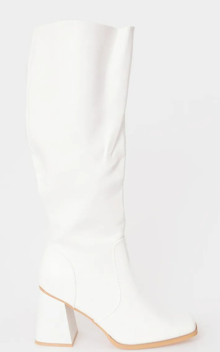 White PU Square Toe Flare Block Heel Knee High Boots