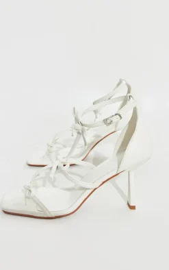 White Pu Square Toe Multi Bow High Heeled Sandals