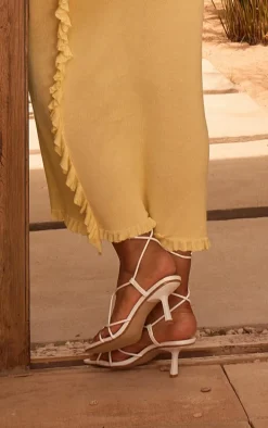 White Pu Square Toe Strappy Lace Up Heeled Sandals